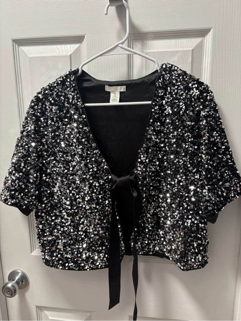 H&M Black Sequin Tie-Front Crop Blazer